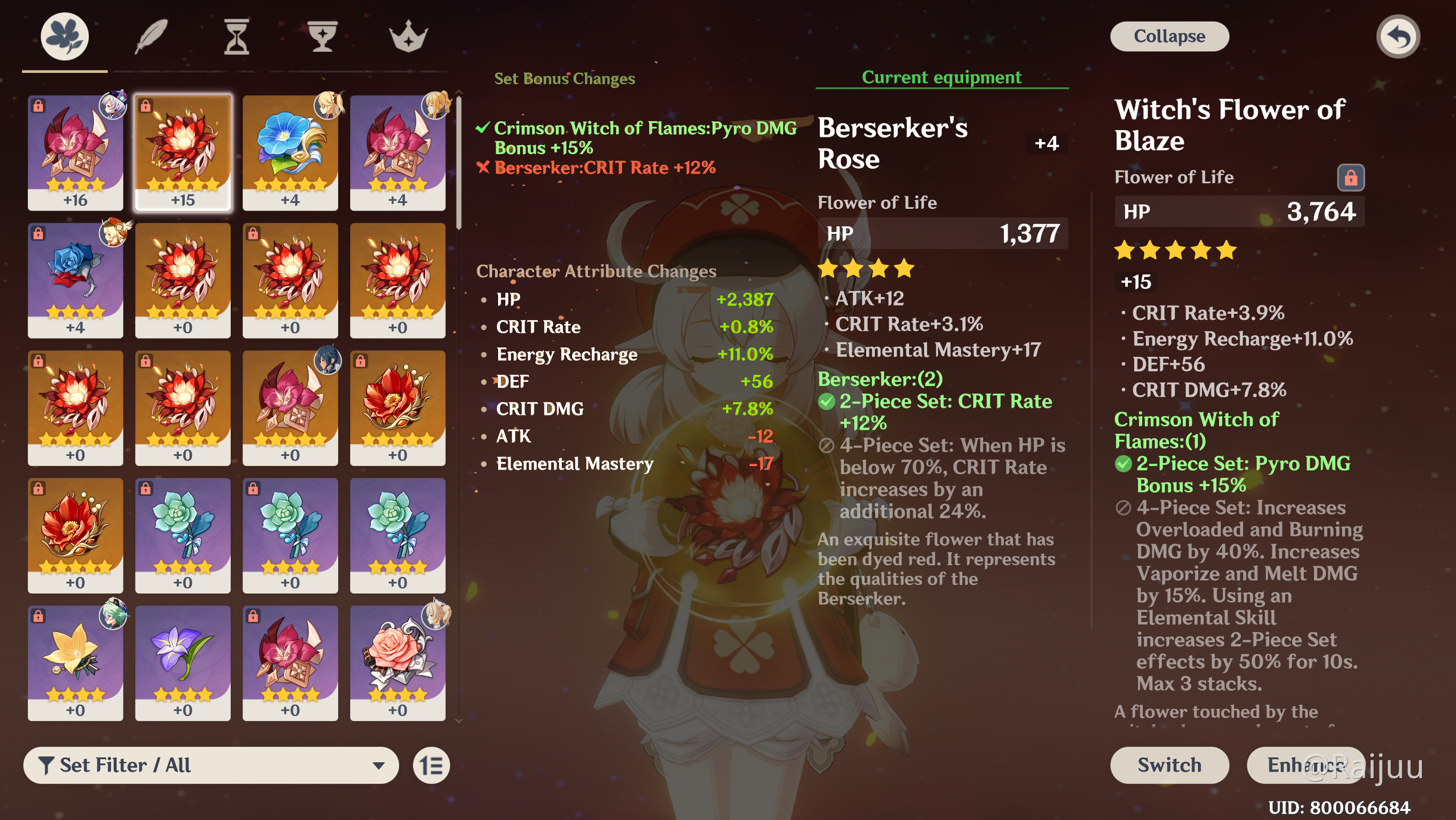 Attribute changes calculator on character artifact menu Genshin Impact