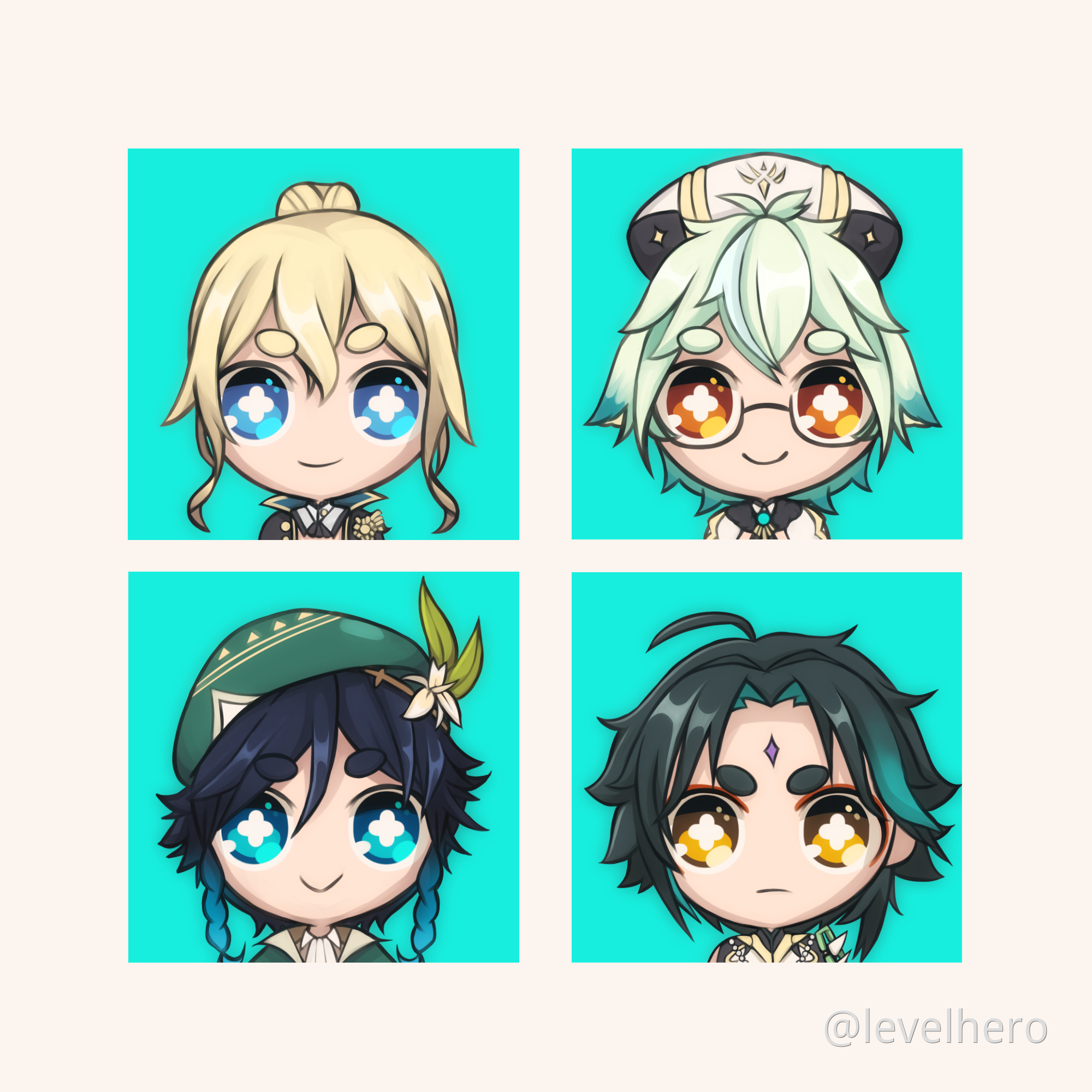 Matching icons of the anemo characters (Jean, Sucrose, Venti & Xiao ...