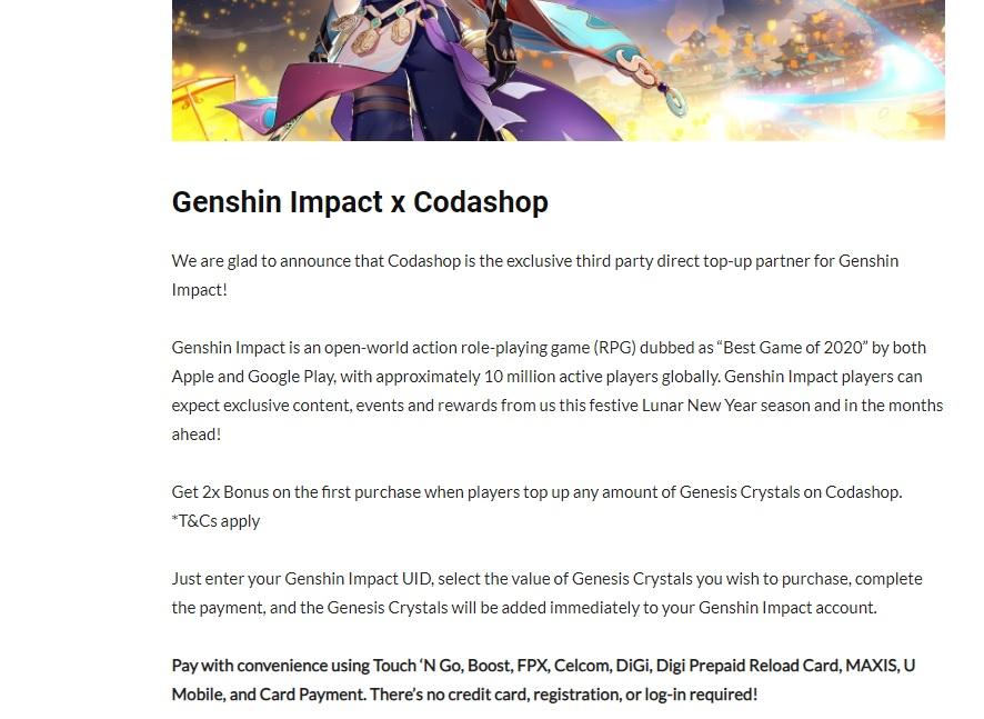 Codashop Exclusive 3rd Party Top Up Vendor X Genshin Impact Genshin Impact Official Community