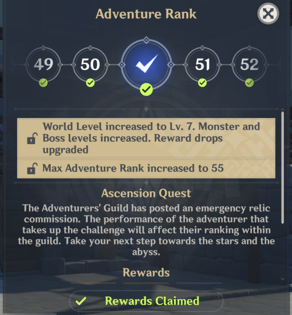 Adventure Rank Ascension Level 50 to 51 & World Level 7