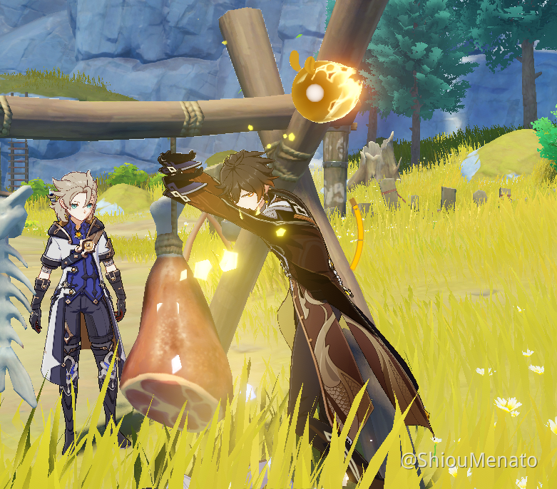 Zhongli helping his friend Albedo untie a big steak. Genshin Impact